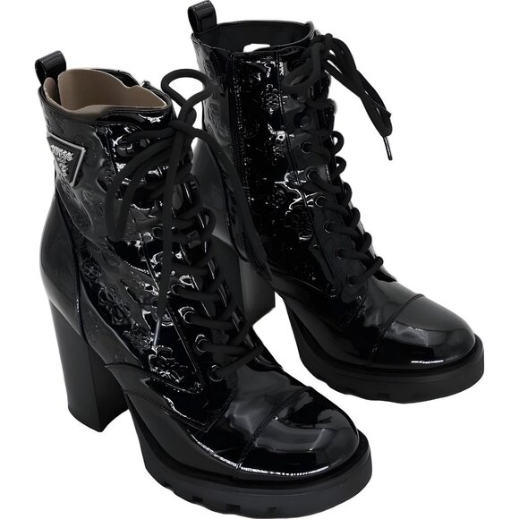 GUESS Neadyn Lace-Up Heeled Bootie Black Patent Logo Women's US 6M - Picture 4 of 6